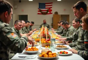 Service members celebrating Thanksgiving at Fort Campbell with Vice President JD Vance.
