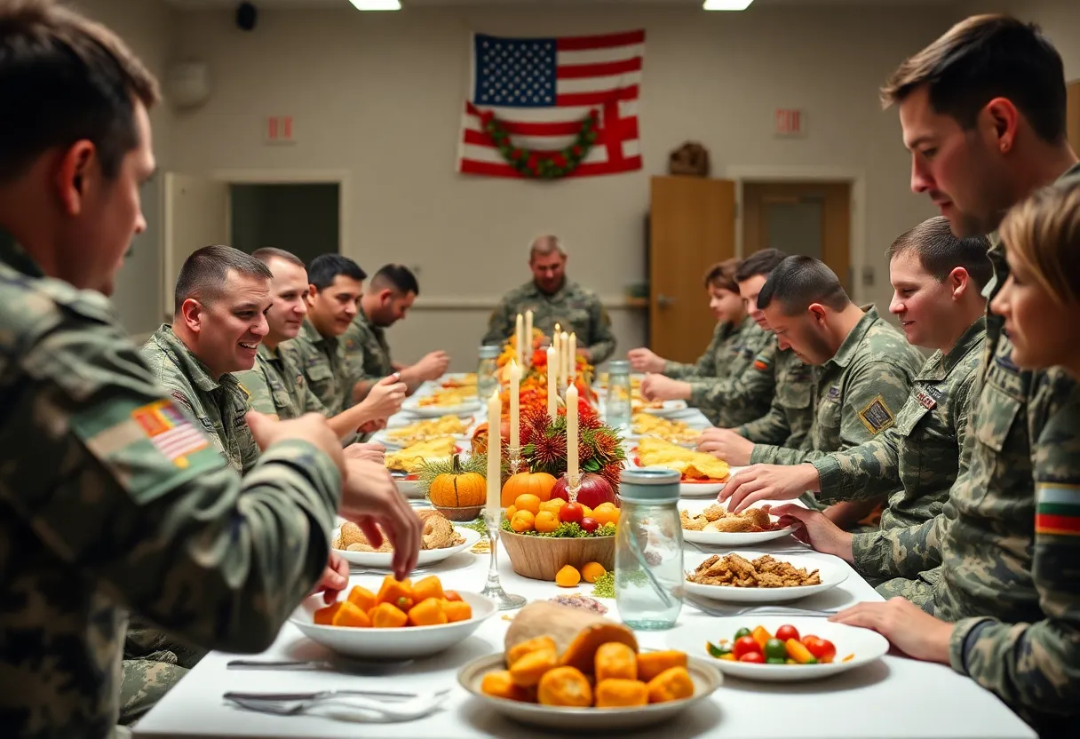Service members celebrating Thanksgiving at Fort Campbell with Vice President JD Vance.