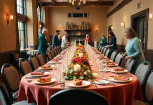 A festive setup for Thanksgiving dinner at Hotel Louisville with volunteers serving food.