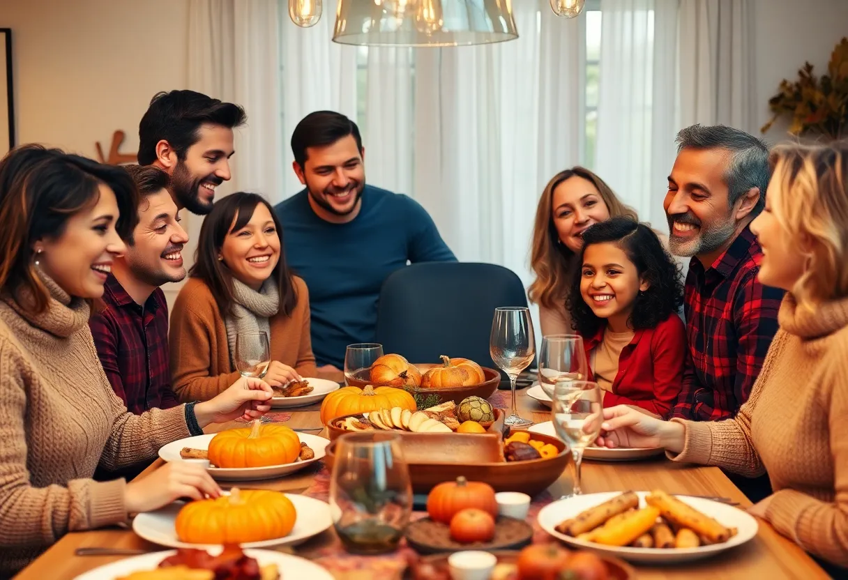 Happy family gathered around a Thanksgiving dinner table in Louisville, KY