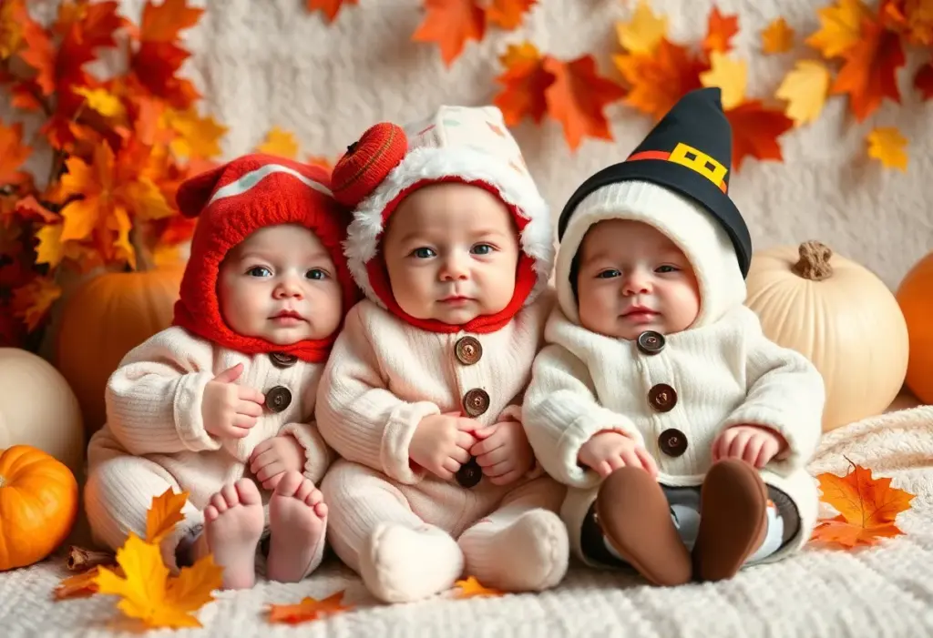 Newborns dressed in Thanksgiving-themed outfits