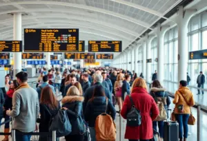 Crowded airport terminal during Thanksgiving with travelers checking in.