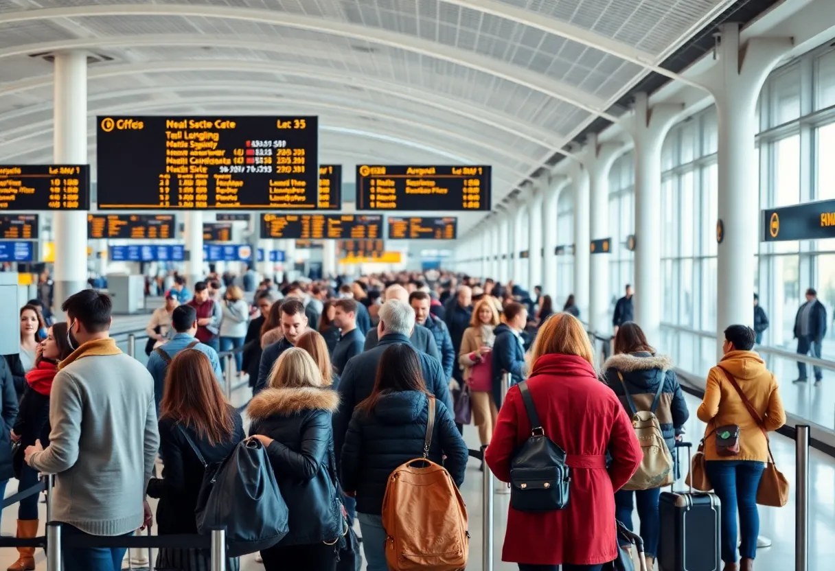 Crowded airport terminal during Thanksgiving with travelers checking in.