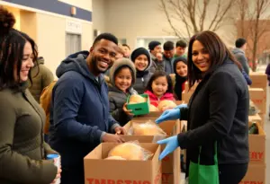 Families receiving meal boxes at Thanksgiving turkey giveaways
