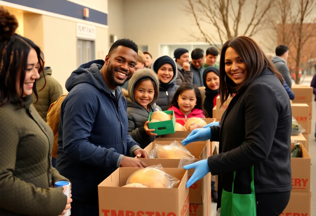 Families receiving meal boxes at Thanksgiving turkey giveaways