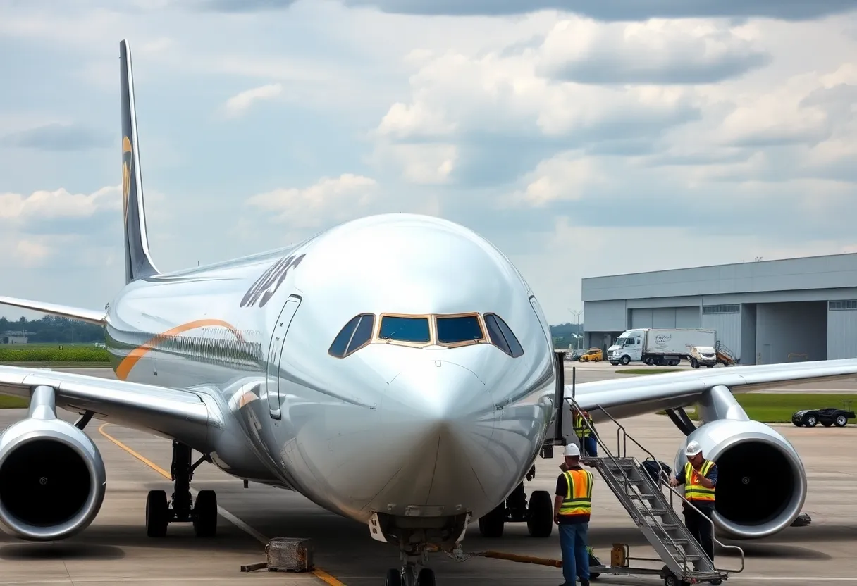 Grounded UPS MD-11 aircraft under inspection at a logistics hub
