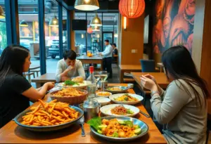 A modern restaurant showcasing diverse food options and solo diners.