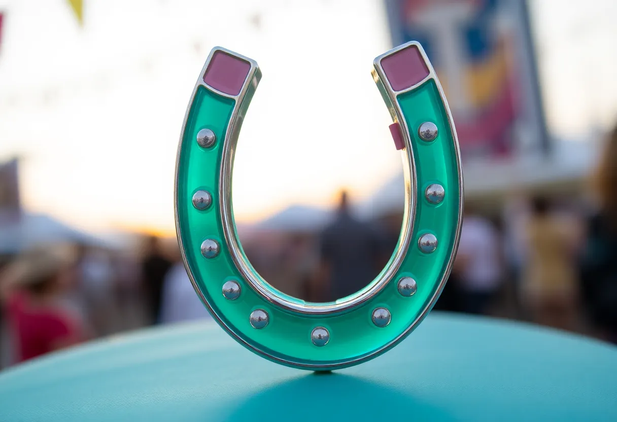 Kentucky Derby Festival 2026 Pegasus Pin featuring a horseshoe design and teal color.
