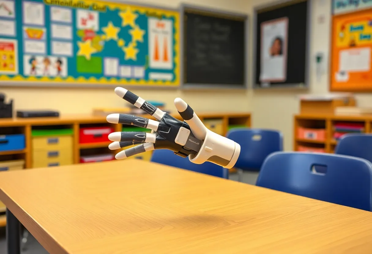 A 3D-printed prosthetic hand on a desk in a classroom.