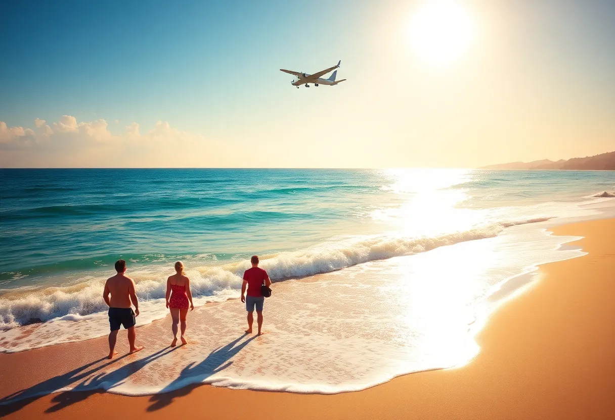 Families enjoying a beach vacation with an airplane in the sky