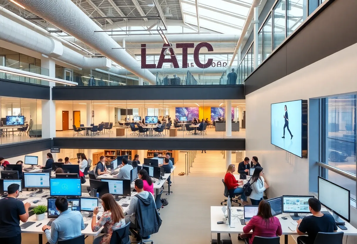 Interior view of the AMPED Tech and Learning Center, with people participating in technology training.