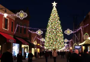 A vibrant display of holiday lights at Bardstown Road Aglow in Louisville, with a large tree and festive decorations.