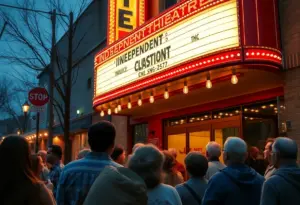 Exterior view of Baxter Avenue Theatres with a gathering of community members