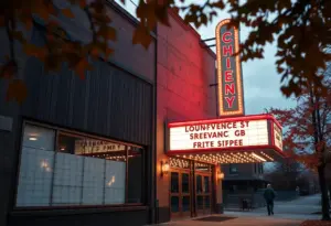 Closed Baxter Avenue Theatres with autumn leaves
