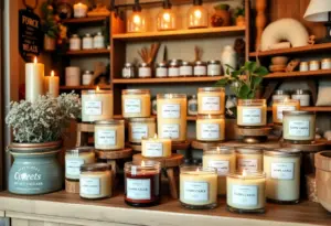 Display of handcrafted soy wax candles at Black Dog Candles shop