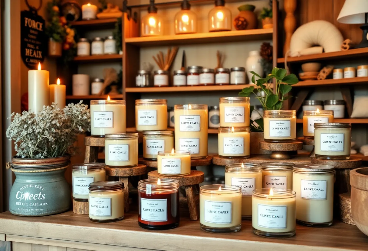 Display of handcrafted soy wax candles at Black Dog Candles shop