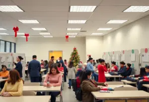 People donating blood at a donation center during the holiday season.