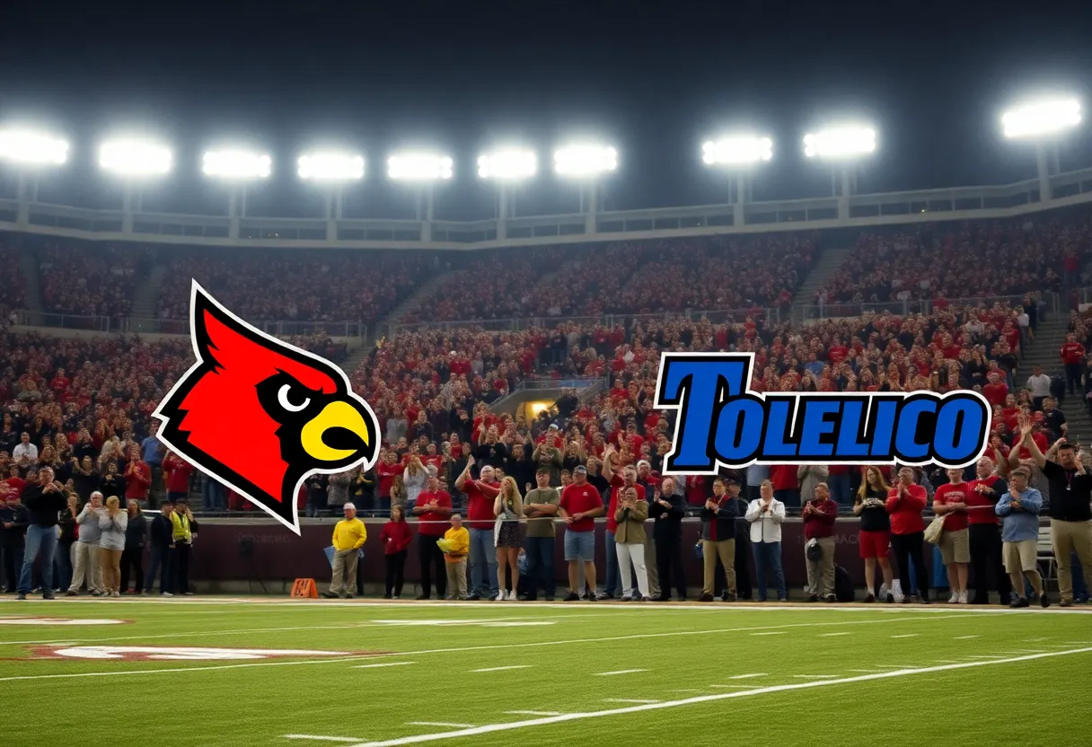 Fans cheering at the Boca Raton Bowl featuring Louisville Cardinals and Toledo Rockets.