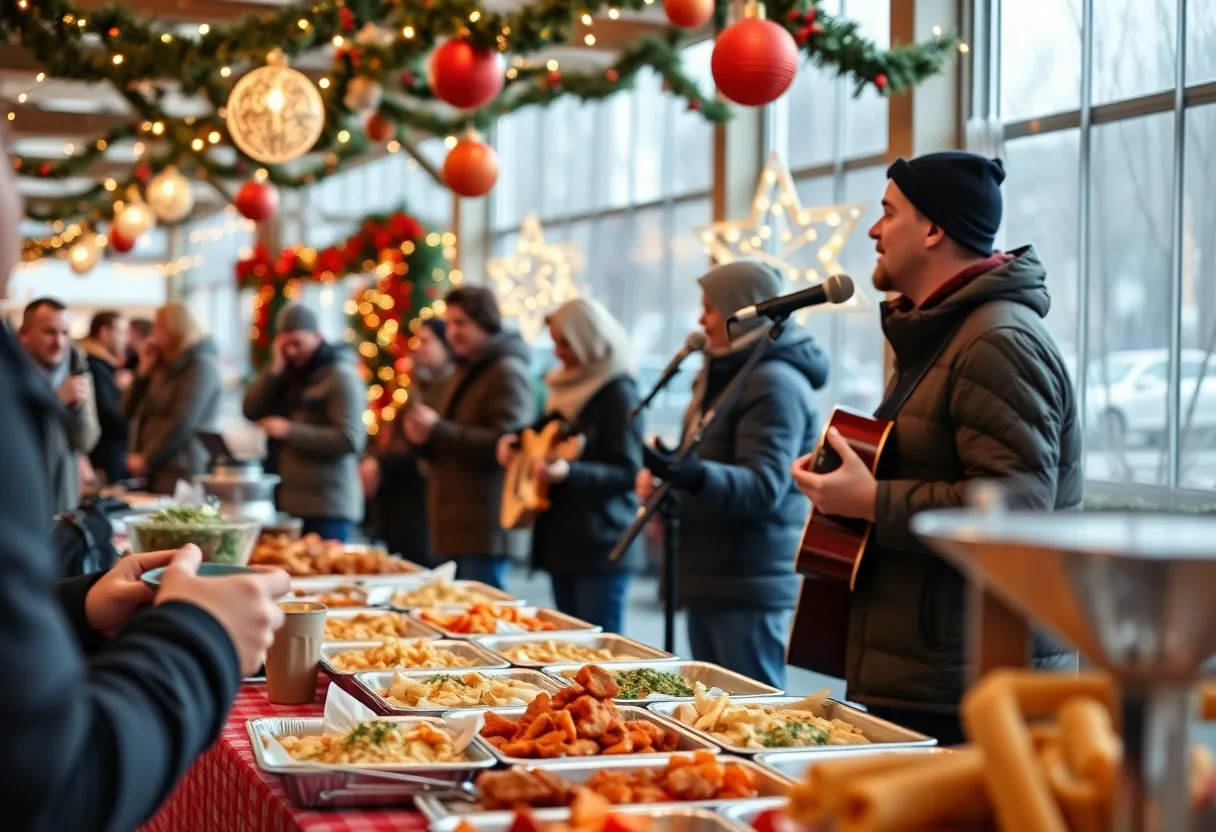 A crowd enjoying a holiday event hosted by Bourbon Barrel Foods with festive decorations and food stands.