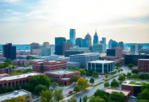 Louisville cityscape featuring healthcare facilities