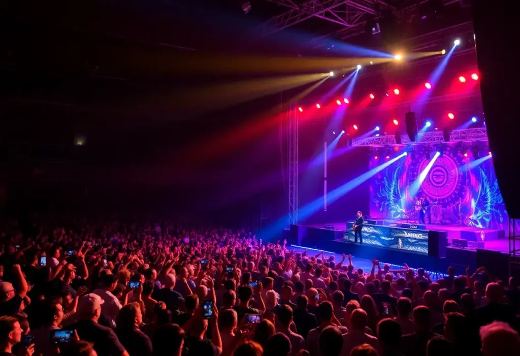 Crowd enjoying a Brit Floyd tribute concert with stunning lights and visuals.