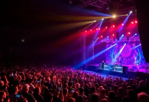 Crowd enjoying a Brit Floyd tribute concert with stunning lights and visuals.
