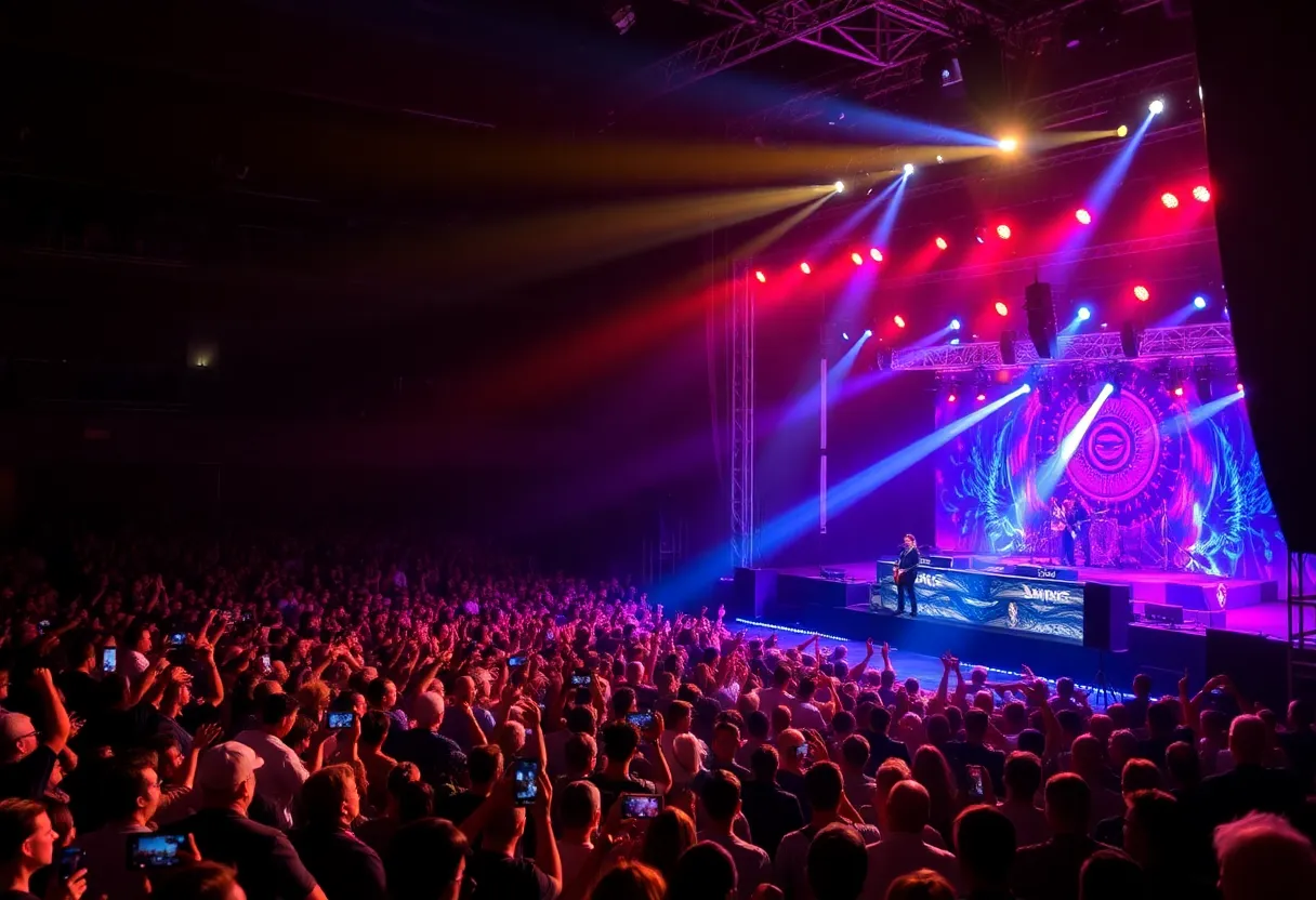 Crowd enjoying a Brit Floyd tribute concert with stunning lights and visuals.
