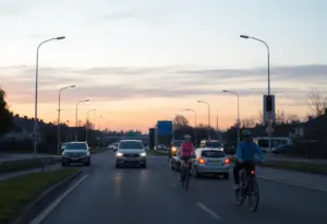 Traffic on Cane Run Road with cyclists in low-light conditions