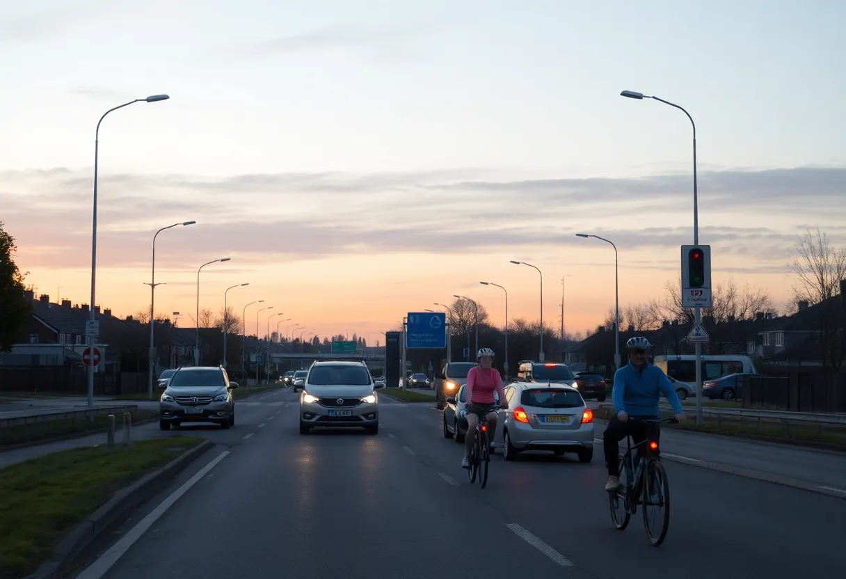 Traffic on Cane Run Road with cyclists in low-light conditions