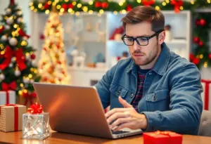 A shopper looking at tech deals with a worried expression during the holiday season.
