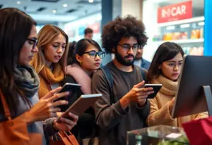 Shoppers showing concern while online shopping, representing caution.