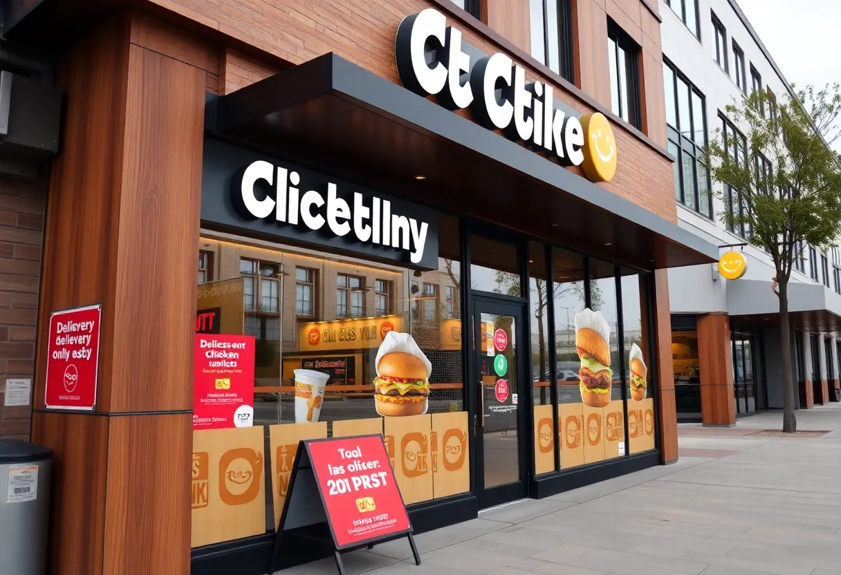Exterior view of the Chick-fil-A off-premise-only restaurant in Louisville's East End