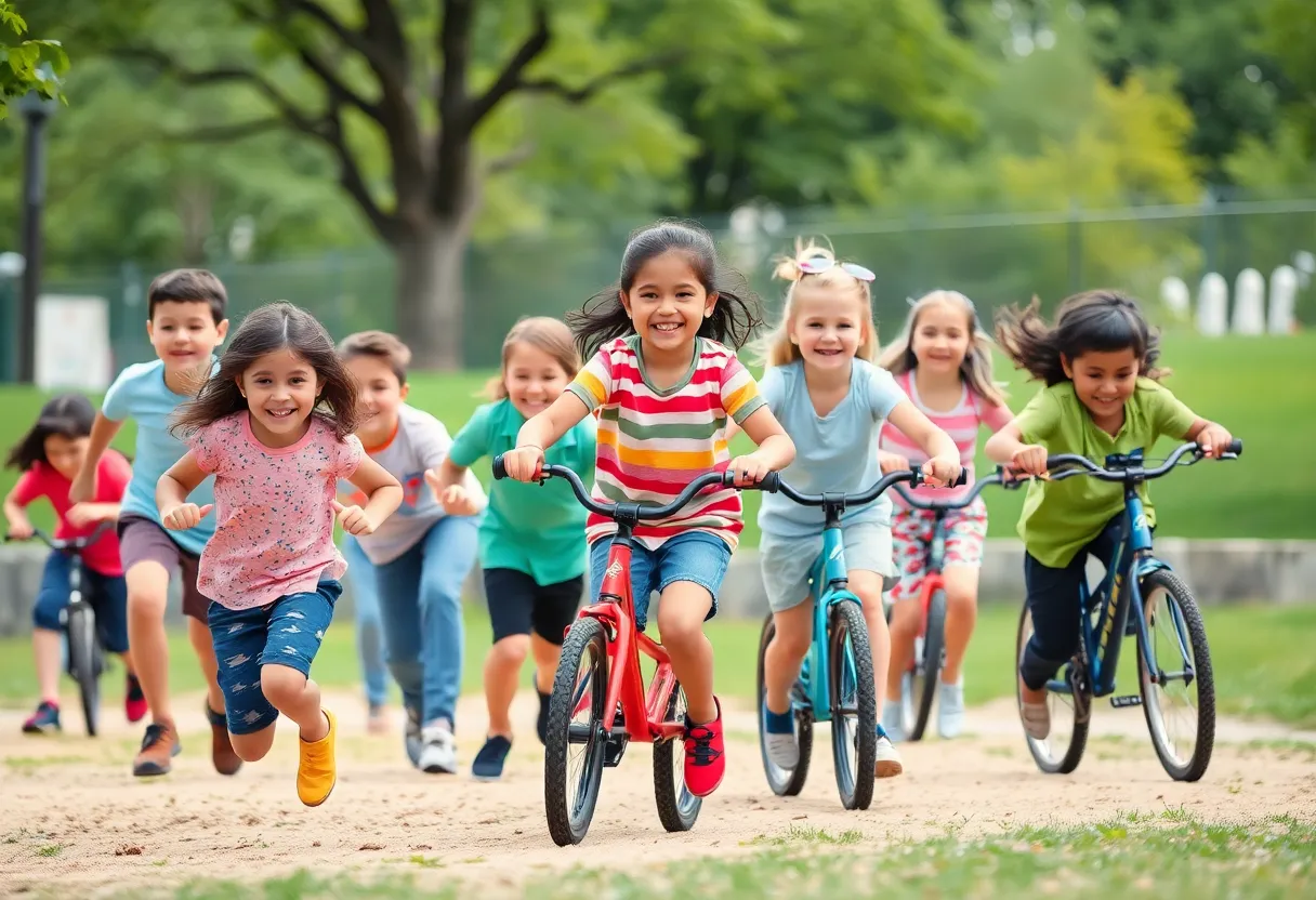 Children playing outdoors and engaging in physical activities to promote health