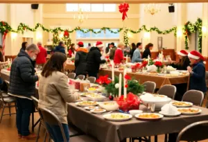 A lively Christmas feast for the homeless in Louisville featuring a variety of delicious meals and a festive ambiance.
