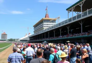 Crowd watching a horse race at Churchill Downs with construction in progress