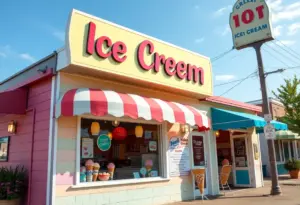 Exterior view of a Clarksville ice cream shop with colorful signage.