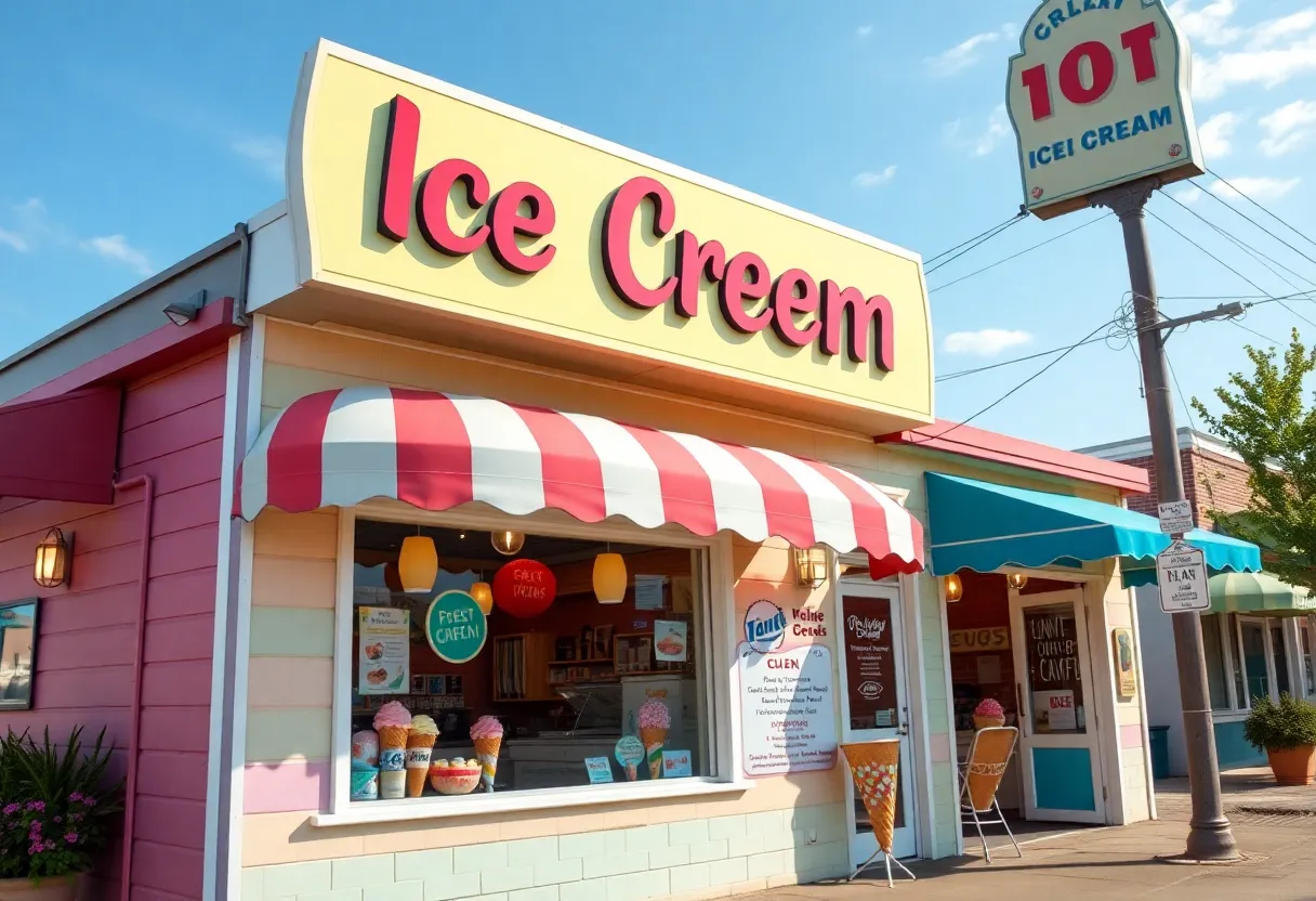 Exterior view of a Clarksville ice cream shop with colorful signage.