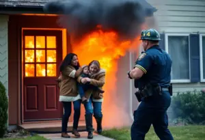 A police officer assisting a family evacuating from a house fire.