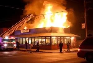 Flames engulf Cluckers restaurant in Jeffersonville, Indiana, with firefighters at the scene.