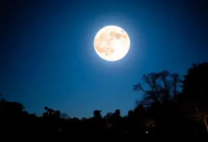 Bright Cold Moon shining over a park in Louisville with stargazers.