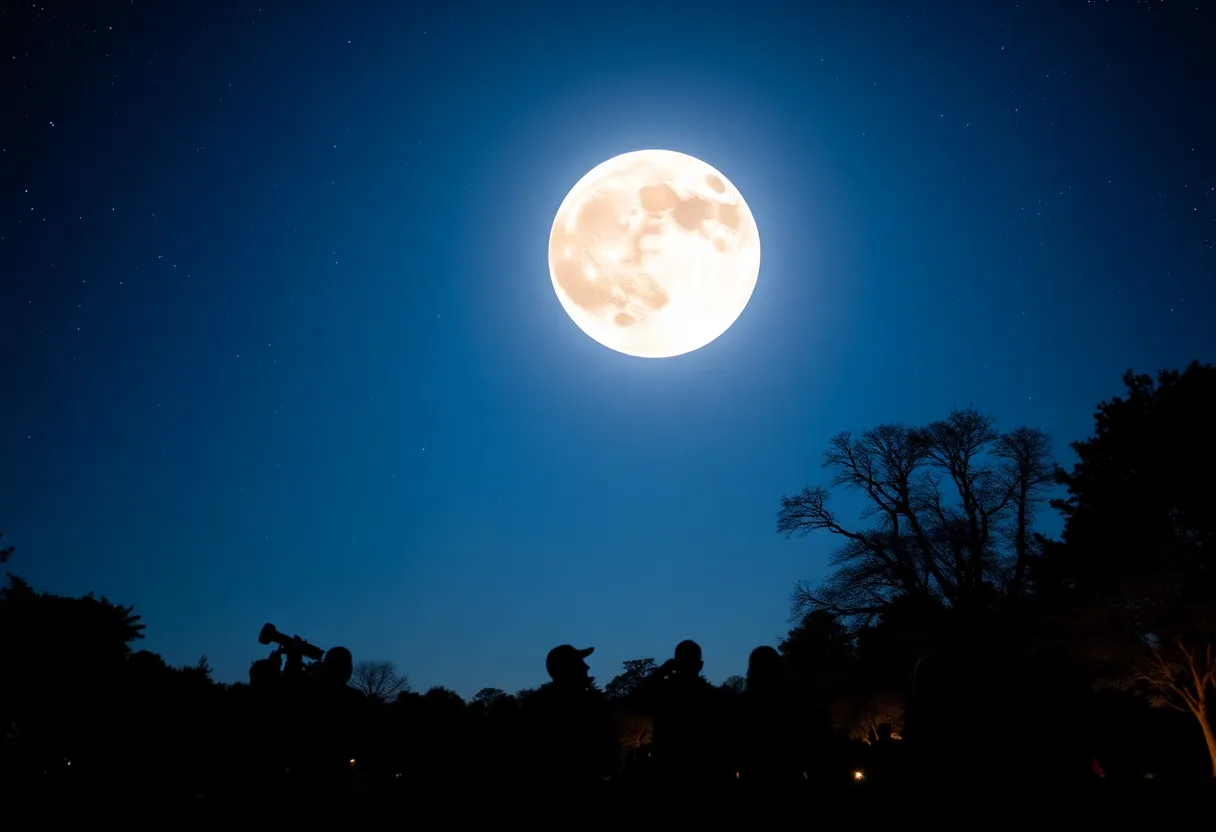 Bright Cold Moon shining over a park in Louisville with stargazers.