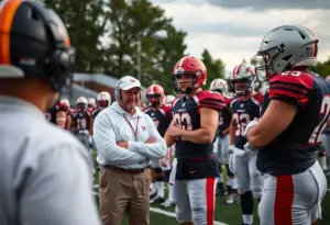 A college football coach strategizing with players on the field.