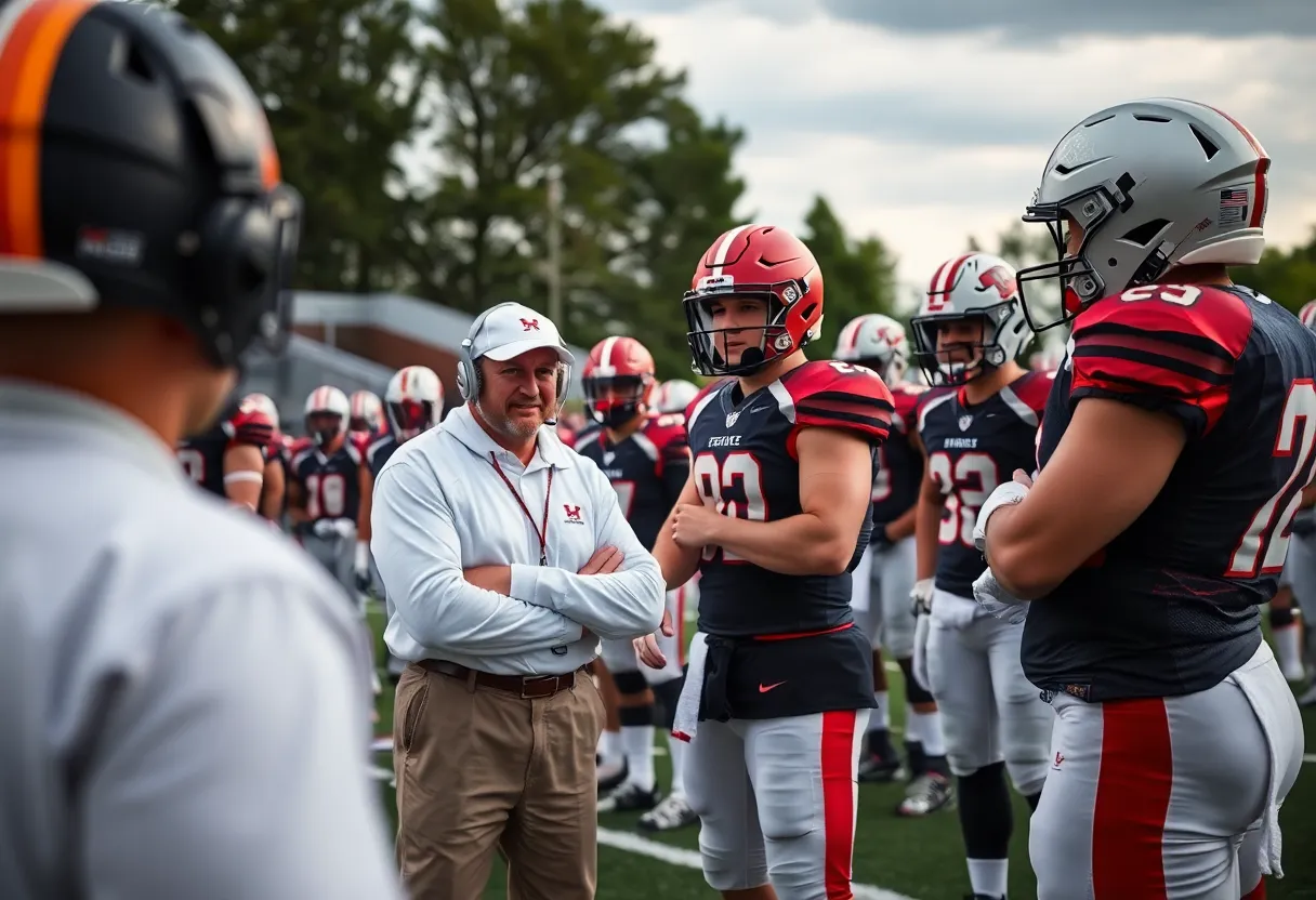 A college football coach strategizing with players on the field.