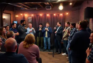 Local comedians performing at TEN20 Taproom during an open mic night.