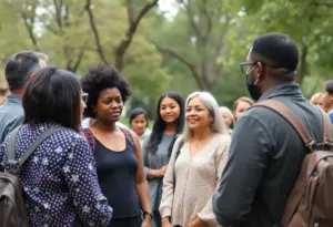 Community members engaged in a respectful dialogue in a park.