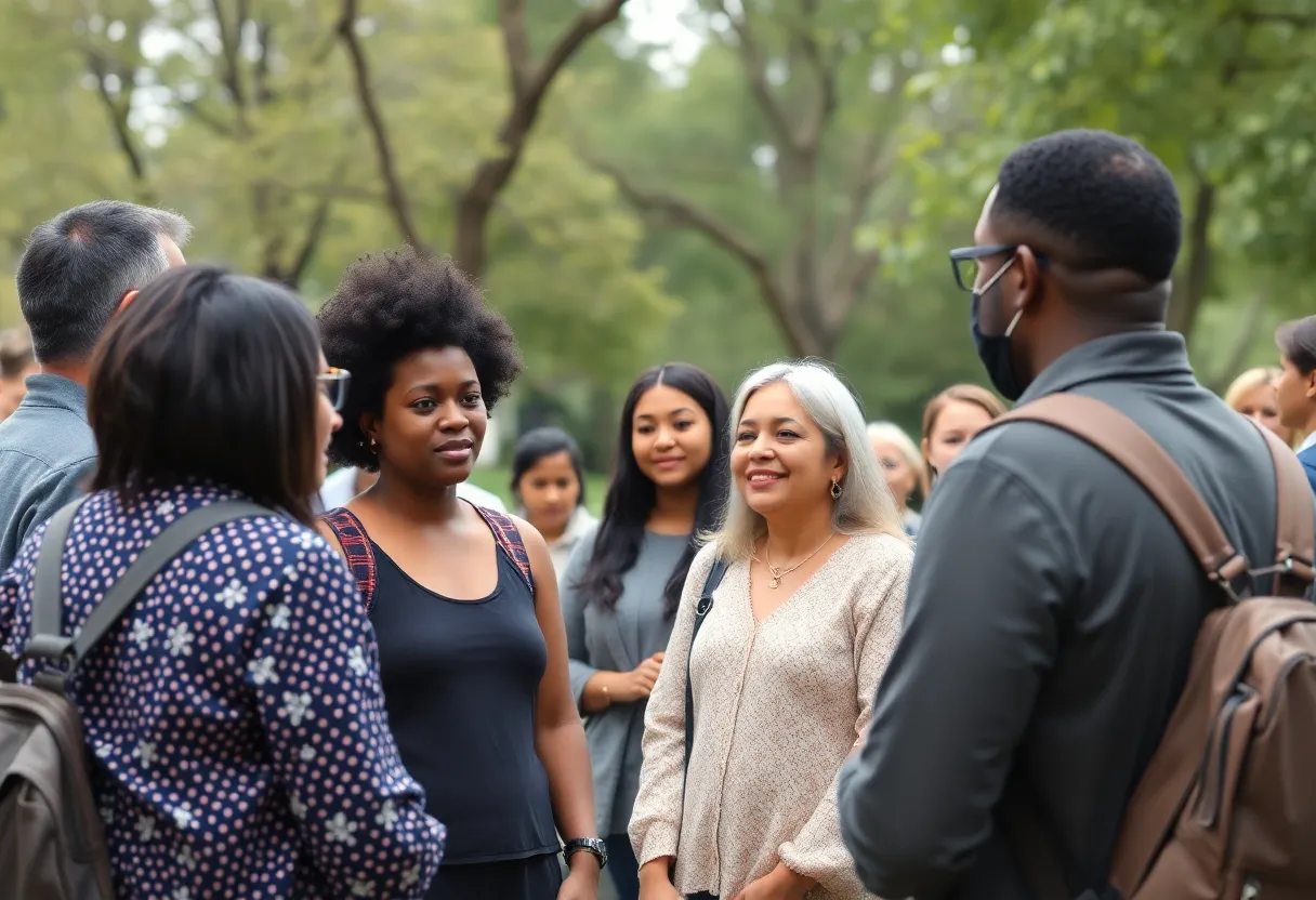 Community members engaged in a respectful dialogue in a park.