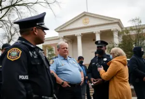 Vigilant community members and law enforcement outside the courthouse.