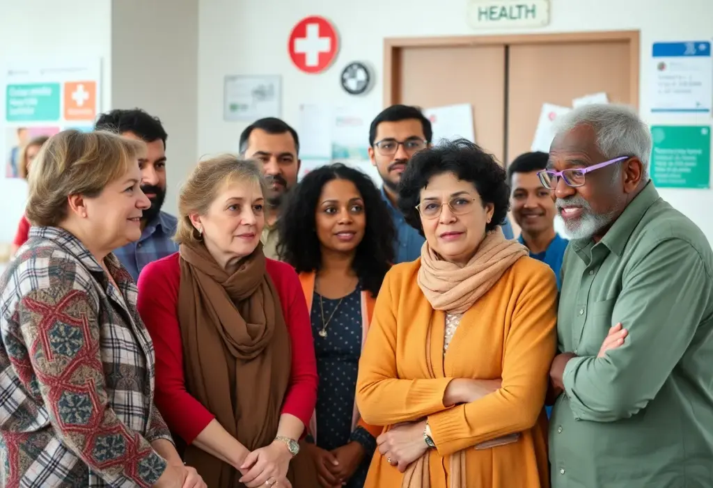 Diverse group discussing health care issues in a community setting