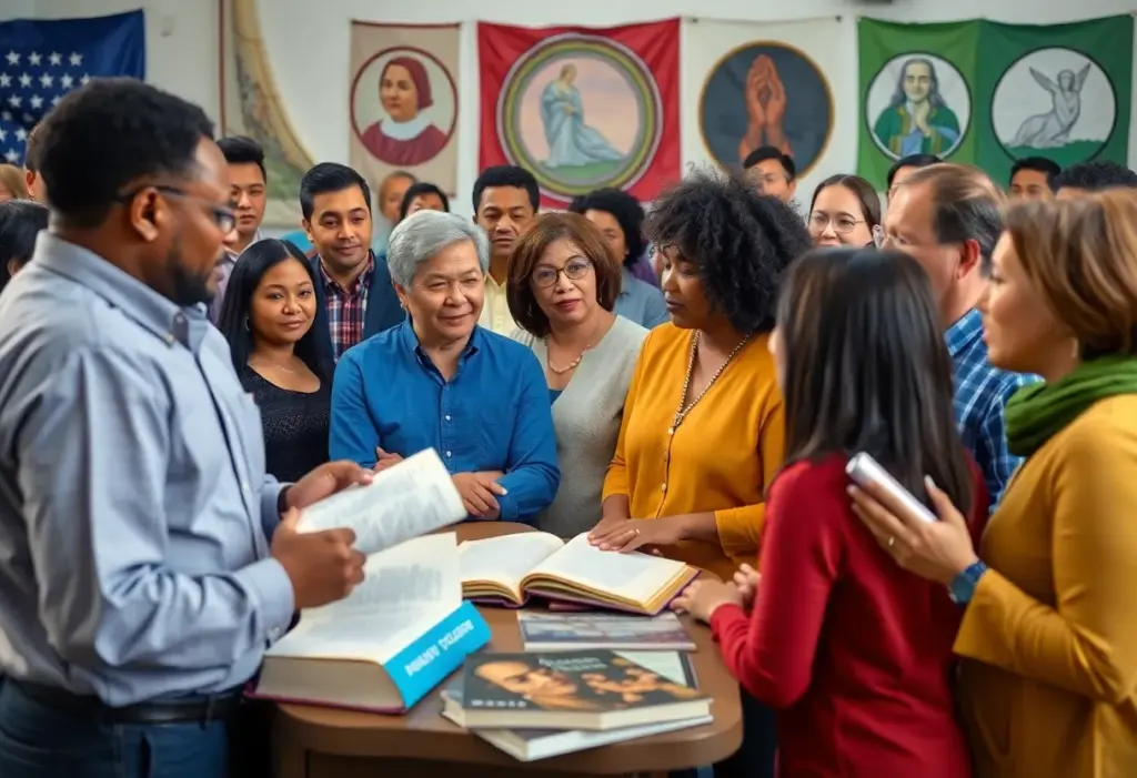 Diverse group discussing politics in a community forum