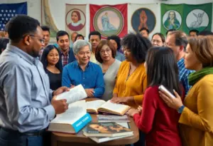 Diverse group discussing politics in a community forum